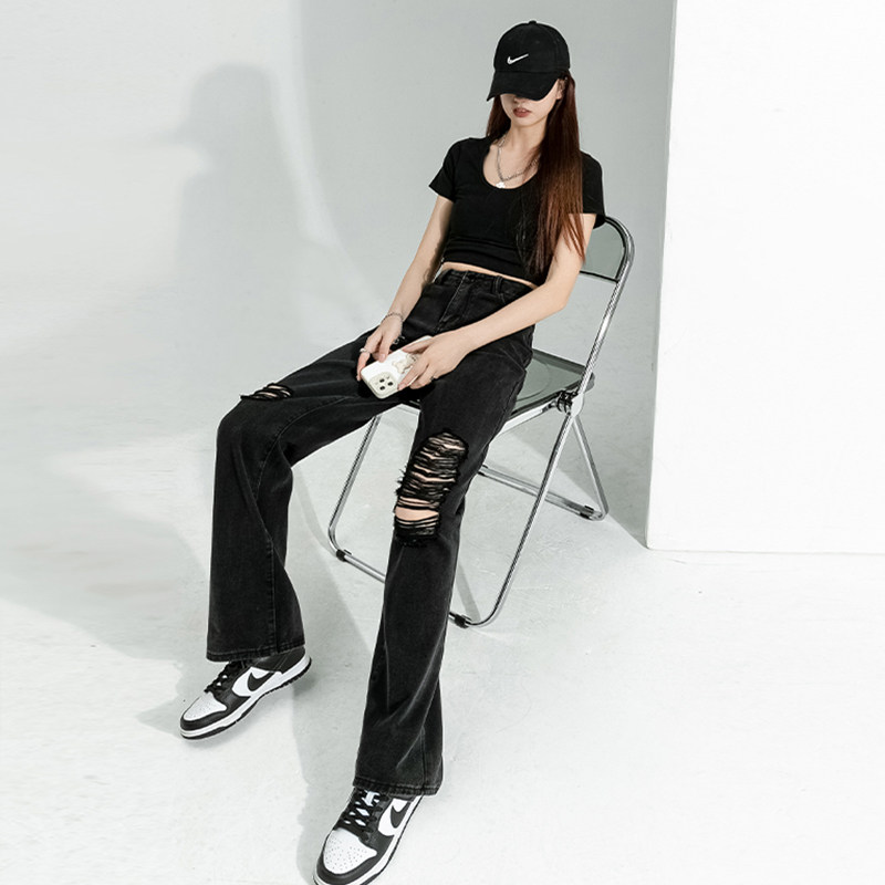 Black high-waisted straight-leg ripped jeans, summer women's thin, wide-leg pants with a sense of drape, loose and slimming floor-length pants Item Picture